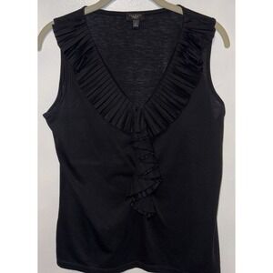 Talbots Womens Top Petites Medium Black Ruffle V Neck Sleeveless Stretch